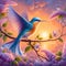 A painting art of beautiful huming bird, perches on a spring tree branch, with lilac, pink and blue colors, sunset, whimsical