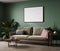 Painting art mockup horizontal frame hanging in the wall above beige velvet sofa in green interior decorated with plants.
