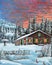 Painting art snow cold winter tree architecture built structure
