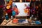 Painting in the artist\\\'s studio. Colorful flowers and paints on the easel with copy space