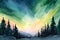 A painting of an aurora bore over a snowy landscape. AI generative image.