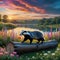 painting of badger standing on log in field of flowers and plants with a