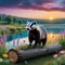 painting of badger standing on log in field of flowers and plants with a