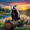 painting of badger standing on log in field of flowers and plants with a