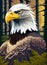 a painting of a bald eagle in a pine forest