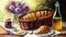 a painting of a basket of bread and a bottle of wine on a table with flowers and a plate of cookies