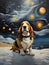 A painting of a basset hound dog, with cosmic colors of Van Gogh starry night, atmospheric touch, snowing, animal design, fantasy