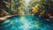 A painting of a beautiful blue pool surrounded by lush tropical trees, AI