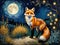 A painting of beautiful and elegant fox with bright eyes and bushes tail, in a moonlit night, tree, wildflower, fantasy art