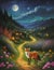 A painting of beautiful and elegant fox with bushes tail, in a moonlit night, with whimsical valley and wildflowers, animal