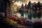 a painting of a beautiful garden with flowers and trees by a lake with a path leading to it and a bench to the side