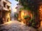 painting of a beautiful old street in a typical old-fashioned village on a greek island at twilight with glowing lamps and an