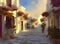 Painting of a beautiful old street with white painted houses in a typical old-fashioned town in Greece in summer sunlight.