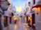 Painting of a beautiful old street with white painted houses in a typical old-fashioned town in Greece in summer sunlight.