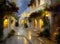 Painting of a beautiful old street with white painted houses in a typical old-fashioned town on a greek island at twilight with