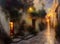 Painting of a beautiful old street with white painted houses in a typical old-fashioned town on a greek island at twilight with