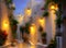 Painting of a beautiful old street with white painted houses in a typical old-fashioned village on a greek island at twilight with