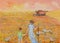 Painting of beautiful sunset over field with children herding geese and harvester cutting crop