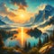 A painting of beautiful view of morning sun, river, mountain, plants, tree, floating acrylic art, sunrays