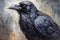 Painting of a black raven against blurred background