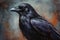 Painting of a black raven against blurred background