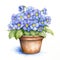 A painting of blue flowers in a pot, primrose flower pot.