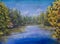 Painting Blue river in forest. House in woods on banks of river.