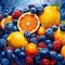 A painting of blueberries, raspberries, lemons, oranges, and citrus fruits