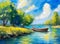 A painting of a boat on a lake with a blue sky and green grass.