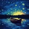 Painting Boat at Night Sea. Illustration AI Generative