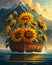 A painting of a boat with sunflowers on it. Beautiful picture of sunflowers.