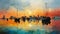 A painting of boats in a harbor at sunset. Generative AI image.