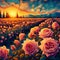 A painting of breathtaking field of rose, with mountains, tree, sunset retro, sky and clouds, Van Gogh style, nature art