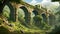 Painting of Bridge in Forest, Tranquil Pathway Overlooking Scenic Woods, An ancient aqueduct in a lush landscape, AI Generated