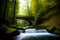 A Painting Of A Bridge Over A Stream In A Forest. Generative AI
