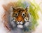 Painting of a bright mighty tiger head on a soft toned abstract