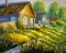 Painting Bright sunny green grass, road through the village. colorful Rural old houses painting illustration - Modern impressionis