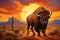 Painting of a brown buffalo walking towards an Arizona desert sunset