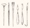 Painting brushes set, palette knives sketch drawing on white.arts and creativity objects set