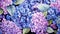 A painting of a bunch of purple and blue flowers. Generative AI image. Hydrangea flowers.