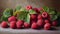A painting of a bunch of raspberries with leaves on them, AI