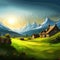 painting cabin on green meadow with coniferous forest with mountains in background. vector