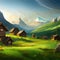 painting cabin on green meadow with coniferous forest with mountains in background. vector