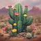 Painting of a cactus with flowers in a desert.