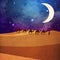 A painting of a camel convoy walking on sand in the desert at night.