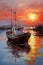 painting on canvas, capturing the essence of fishing boats in a tranquil harbor.
