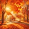A painting capturing the beauty of autumn in a park, filled with orange fall leaves and featuring a bench surrounded by