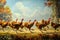 A painting capturing the energetic movement of a group of turkeys as they sprint across a vast field, Whimsical depiction of