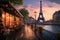 A painting capturing the iconic Eiffel Tower in Paris, showcasing the renowned landmark in artistic form., A romantic Parisian