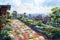 A painting capturing a lush rooftop garden in a bustling city, filled with vibrant greenery and plant life